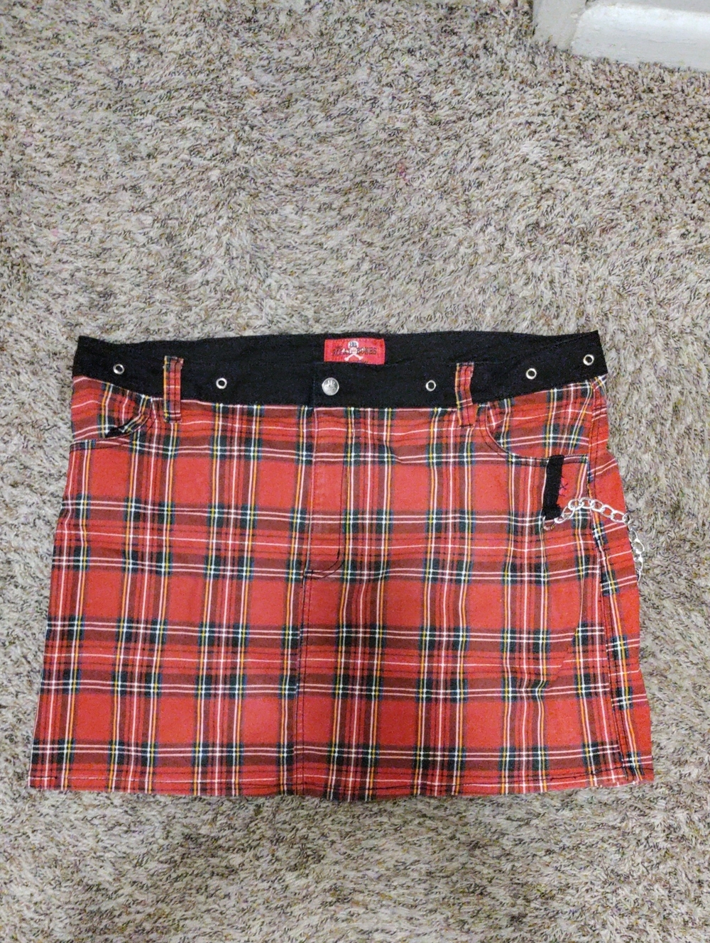Royal Bones Red Plaid Mini Skirt with Black Waistband and Chain